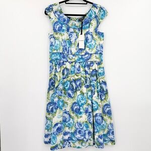 Emily And Fin 100% Cotton Pleated Fit And Flare Dress Blue Green Size Large New